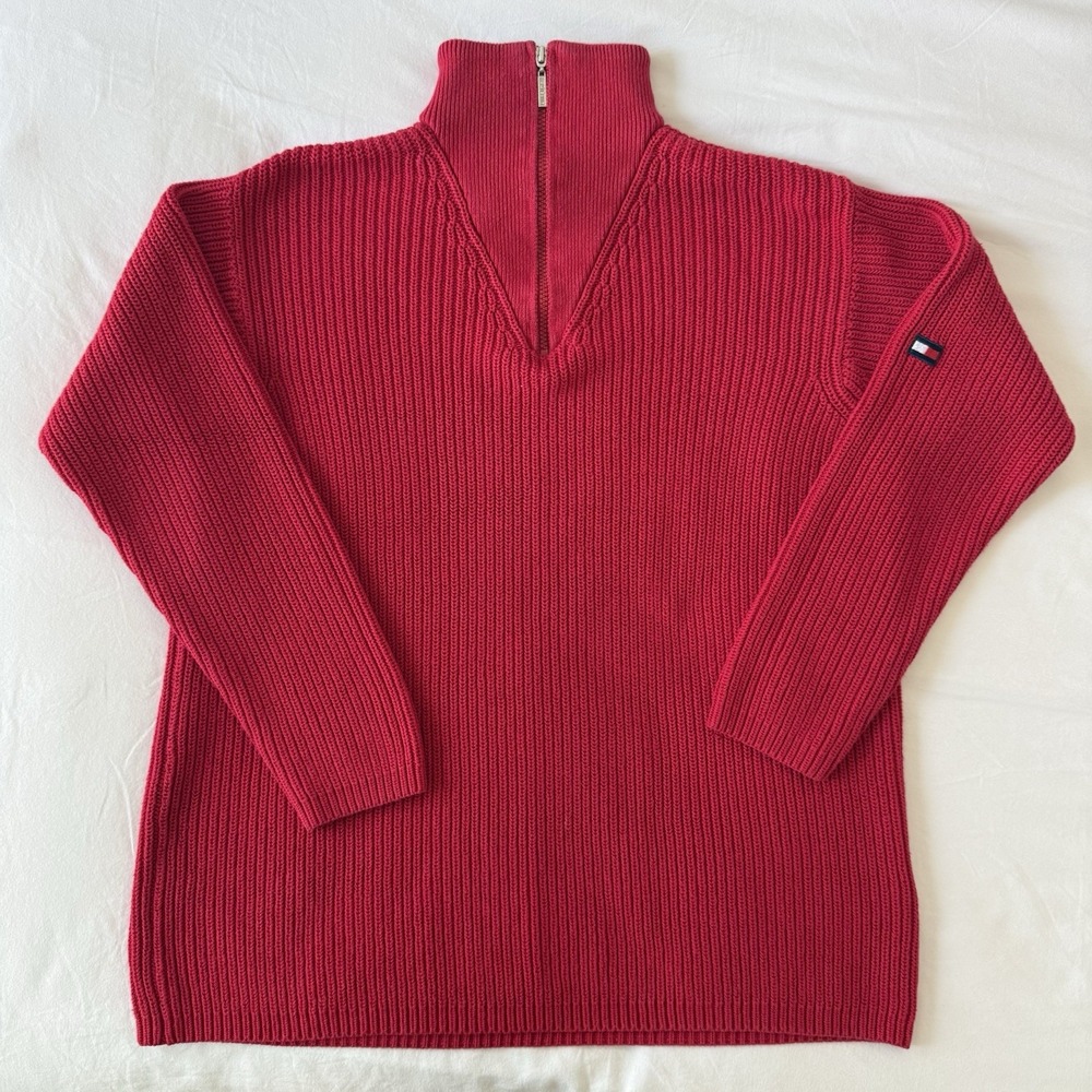 Vintage 90s Tommy Hilfiger Chunky Knit Pull Over Quarter Zip Red Sweater Y2K